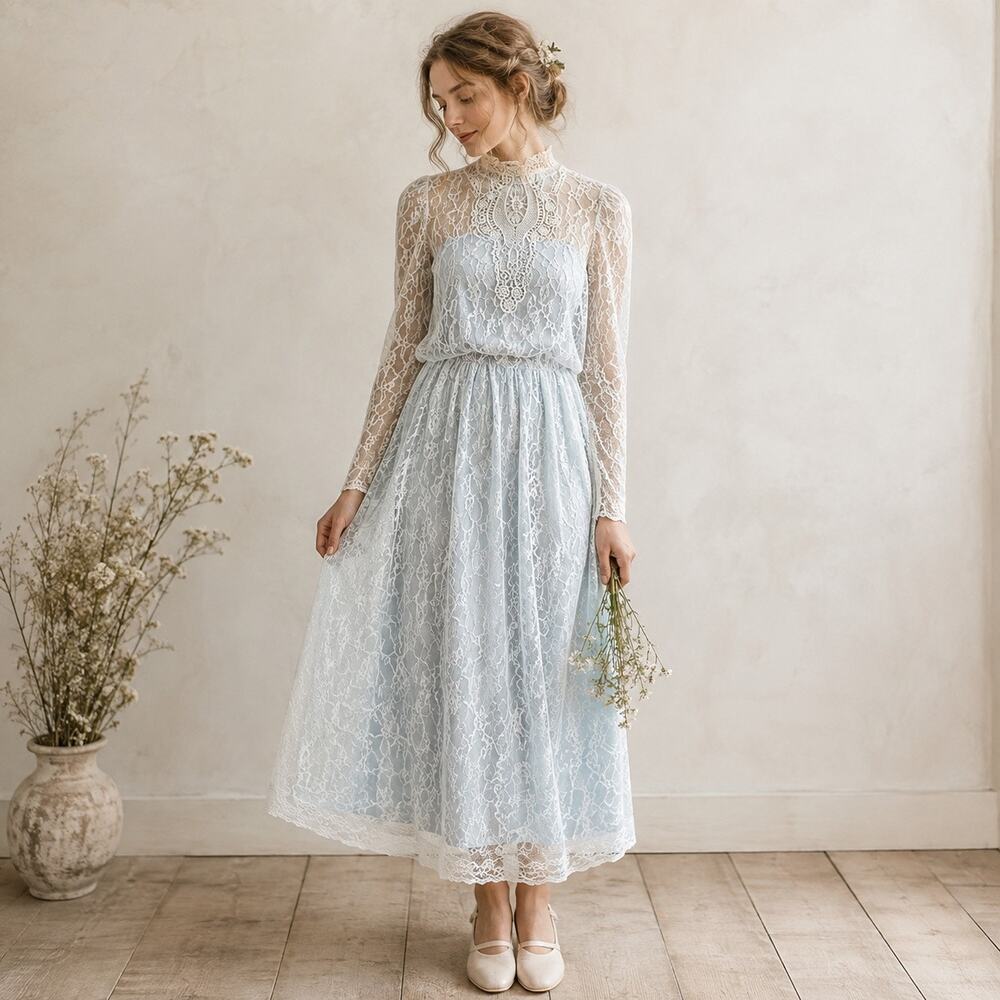 Vintage 70s Pale Blue Lace Dress 2 Piece Victorian Prairie Maxi M